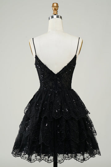 Gorgeous A Line Spaghetti Straps Black Sparkly Corset Cocktail Dress